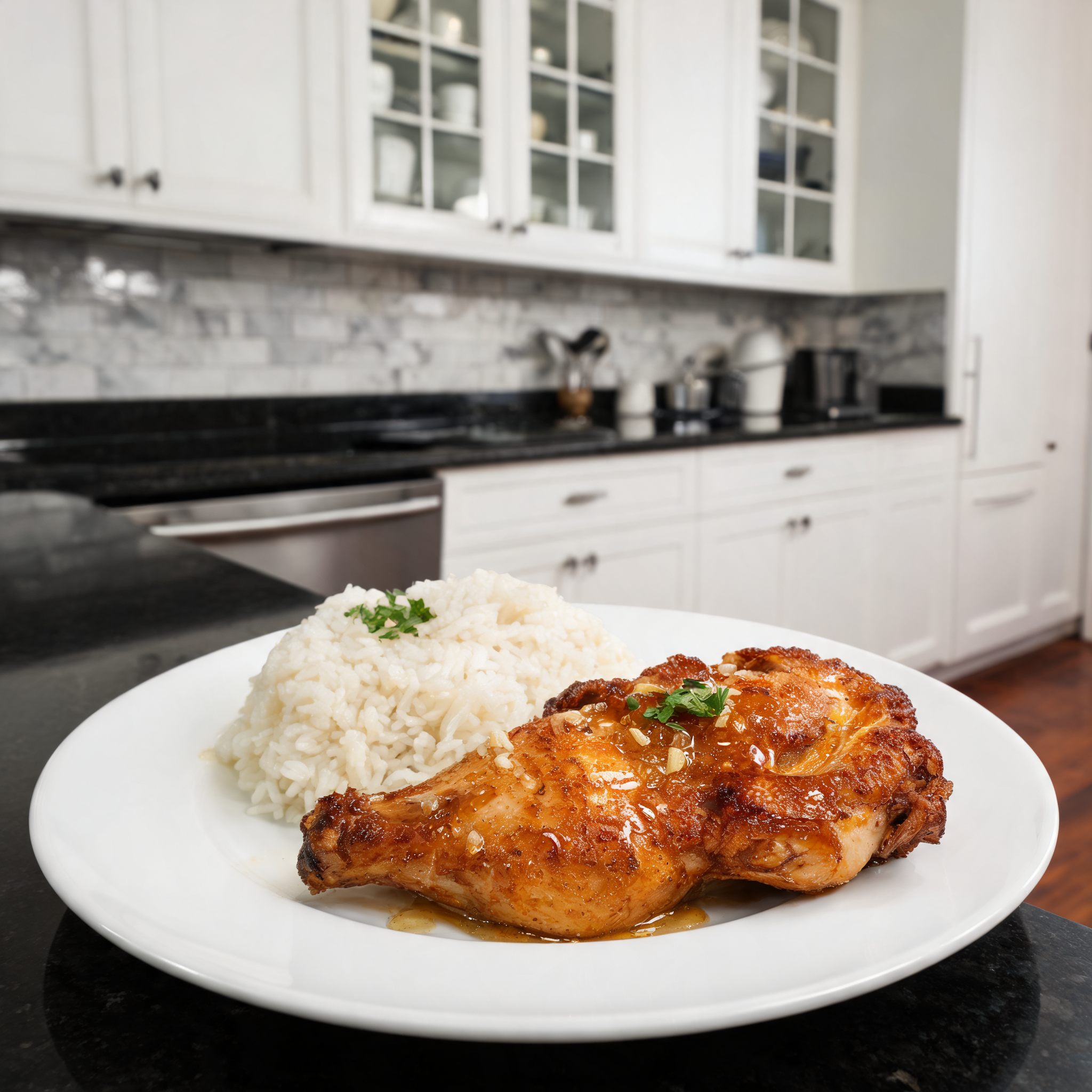 Pollo Croccante al Miele, Aglio e Burro con Riso